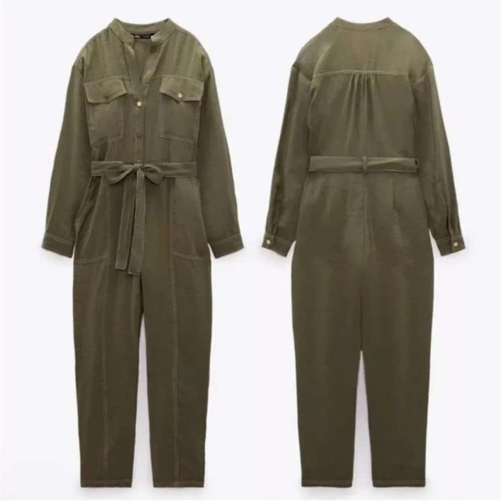 Zara Modal Long Sleeve Belted Jumpsuit w/Contrast Stitch Size Small Olive Green - Picture 2 of 16